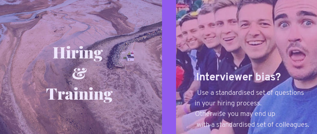 Hiring and training - the text above paraphrased as 'Use a standardised set of questions in your hiring process. Otherwise you may end up with a standardised set of colleagues.' Additionally we see a fractal-like (but real) photo of 6 very alike looking white men, same hair do, same toothpaste smile, sitting in a stadium
